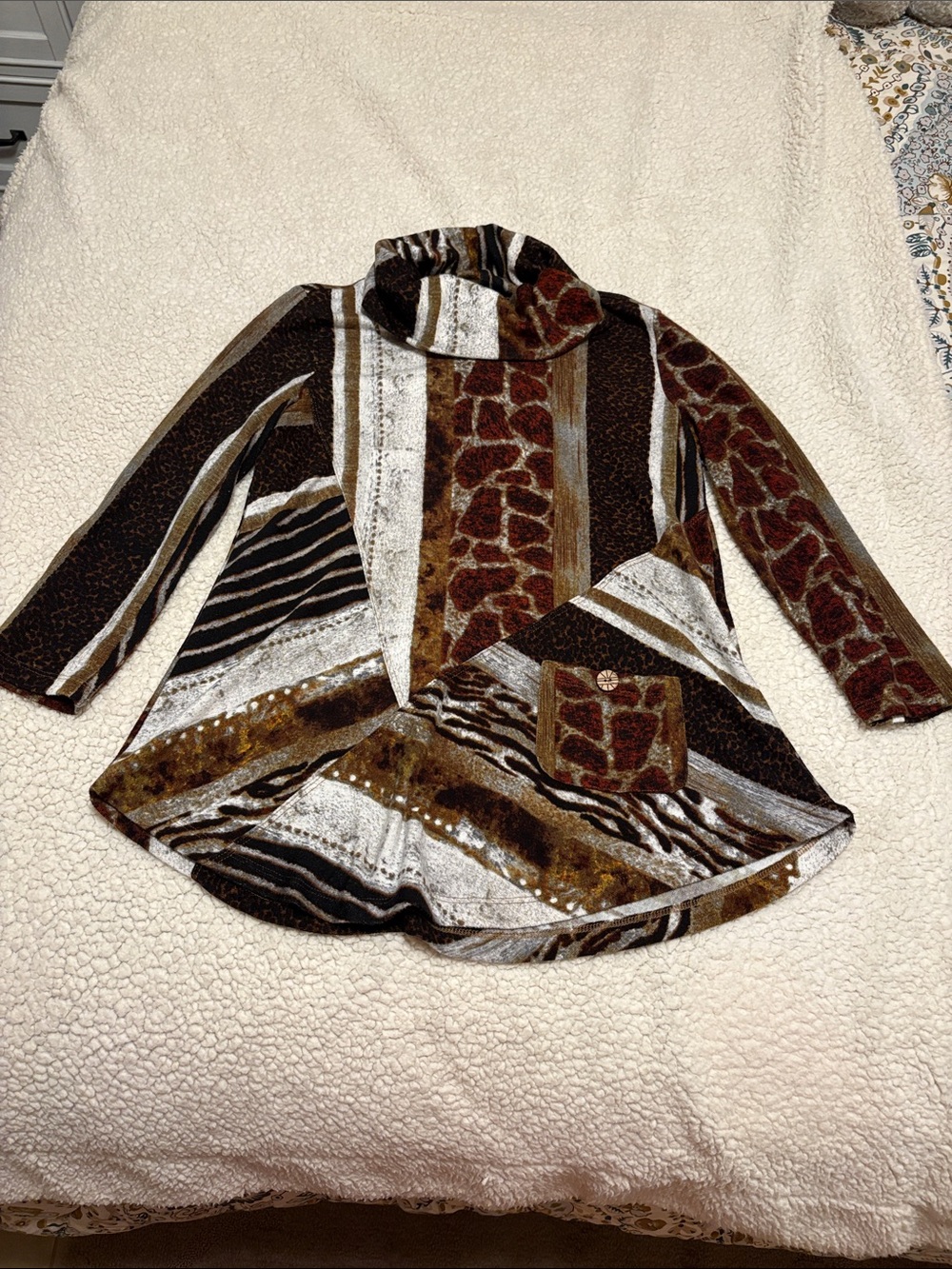 Multiples Brown and Cream Patterned Cowl Neck Tunic Sweater